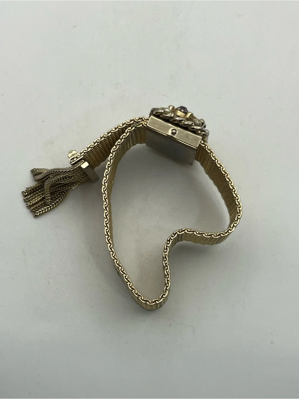 Victorian Revival gold tone mesh tassel slider adjustable rhinestone bracelet